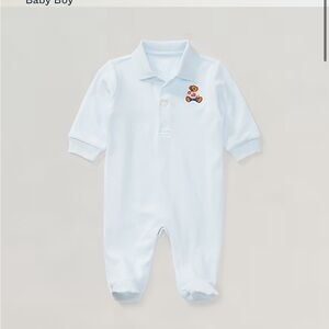 Ralph Lauren Light Blue Polo Footed One-Piece with Teddy Motif